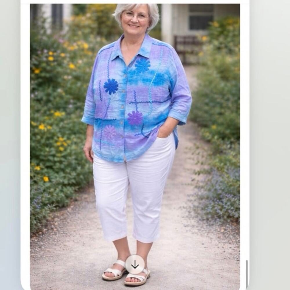 Indigo Moon Shirt Button Front Blue Ombré Purple Ribbon 2X NEW QVC